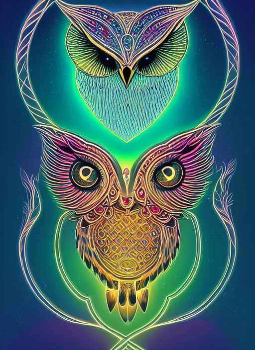 Image similar to symmetry!! product render poster vivid colors divine proportion owl, 神 圣, glowing fog intricate, elegant, highly detailed, digital painting, artstation, concept art, smooth, sharp focus, illustration,