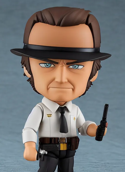 Image similar to clint eastwood, a nendoroid of clint eastwood is dirty harry figurine, realistic face, detailed product photo