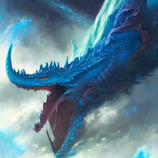 Prompt: prompt crystalline blue dragon, devouring a planet, space, planets, moons, sun system, nebula, oil painting, by Fernanda Suarez and and Edgar Maxence and greg rutkowski