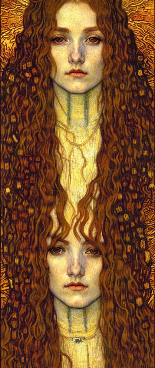 Image similar to detailed realistic beautiful young medieval queen face portrait by jean delville, gustav klimt and vincent van gogh, art nouveau, symbolist, visionary, gothic, pre - raphaelite, muted earthy colors, desaturated