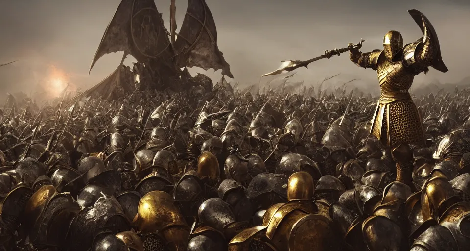 Prompt: 3d render of A knight with a skull mask, wearing a golden set of armor standing in the middle of a battlefield with a sea of knights fighting, hyper realistic 3d, unreal, craig mullins, alex boyd, lord of the rings, game of thrones, dark souls, artstation, cinematic action shot, warhammer