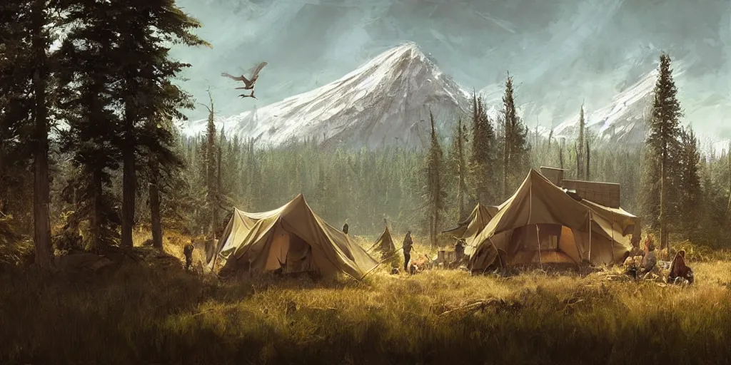 Image similar to cabela's tent fabric shelled pop up family dwelling unit, cabin, modular, person in foreground, mountainous forested wilderness open fields, beautiful views, painterly concept art, joanna gaines, environmental concept art, farmhouse, magnolia, concept art illustration by ross tran, james gurney, by craig mullins, by greg rutkowski