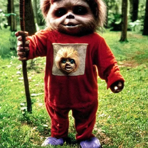 Prompt: an Ewok dressed as Chucky the doll from the movie Child's Play