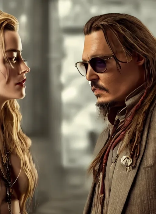 Prompt: highly detailed vfx portrait of johnny depp arguing with amber heard, unreal engine, chrome reflect, greg rutkowski, global illumination, detailed and intricate environment