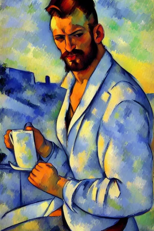 Prompt: attractive man drinking coffee, sunset, painting by paul cezanne, vladimir volegov, j. c. leyendecker, tom of finland, trending on artstation