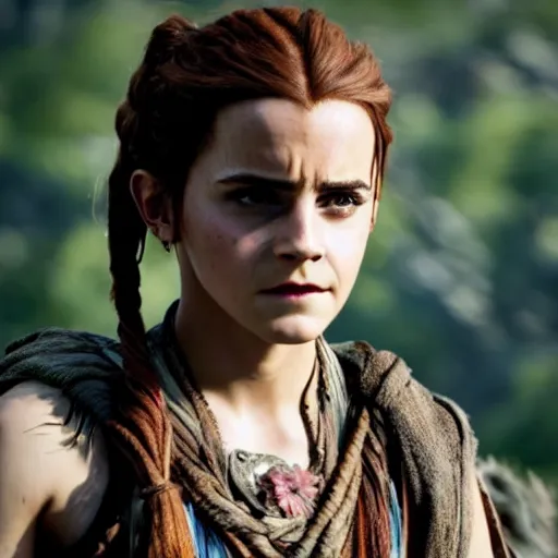 Image similar to emma watson as aloy from the new horizon zero dawn movie, movie still, 8 k, realistic