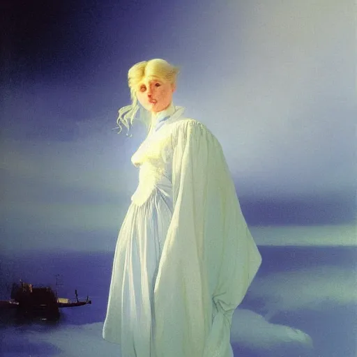 Image similar to young woman's face, her hair is white and she wears a cobalt blue duchesse satin cloak, by ivan aivazovsky and syd mead and moebius and roger dean and aelbert cuyp and willem claesz and pieter claesz and paul delaroche and alma tadema, hyperrealistic, volumetric light, octane