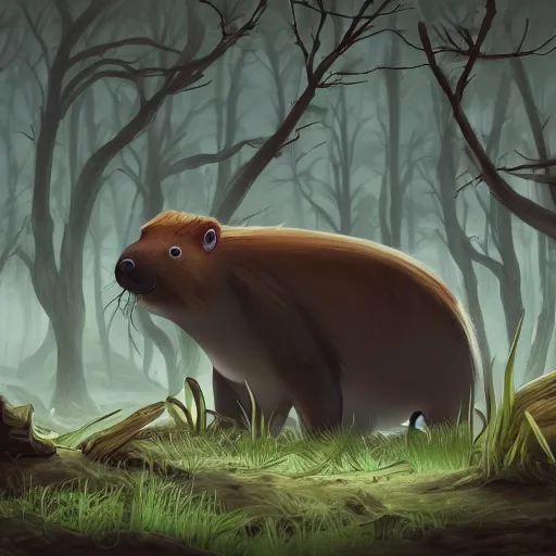 Prompt: capybara monster creature in a dark forest, disturbing horror decaying capybara, trending on artstation, by dan mumford, octane render, anime style