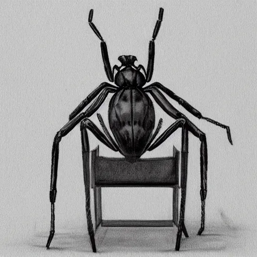 Image similar to arachnid sitting in chair, photorealistic