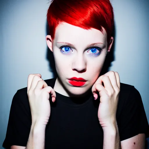 Prompt: photograph, closeup portrait of a young pale woman with short red hair in a dark room, blue eyes, wearing a black tshirt, flash photography, indoor setting, high contrast, sharp, photographed by terry richardson, trending on tumblr,