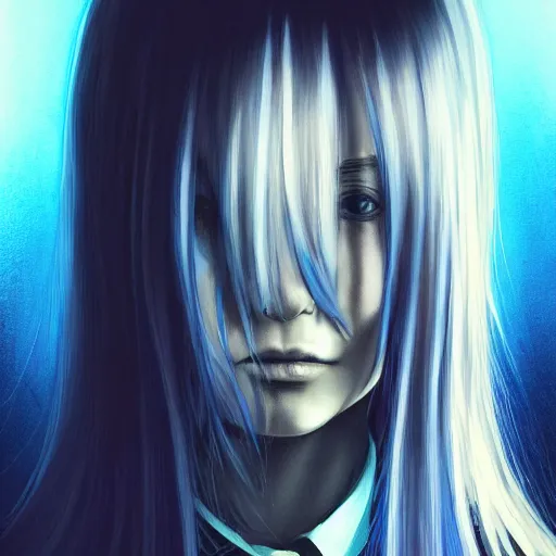 Image similar to portrait of rimuru tempest, sky blue straight hair, long bangs, with amber eyes, wearing a black jacket, high collar, ultra detailed, brush strokes, skin texture, digital painting, cinematic, wlop artstation, closeup, pixiv, eerie, scary, intimidating glare, evil, junji ito, yoshitaka amano