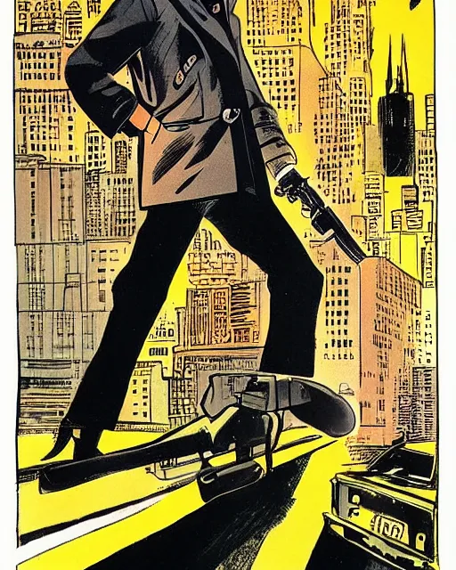 Prompt: detective with revolver, wearing trenchcoat, 1 9 7 0 s nyc, rainy, artwork by frank miller