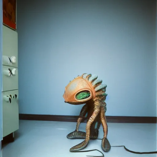 Image similar to alien creature in a soviet apartment, 1 9 8 0 s photo, cinestill 8 0 0 t 3 5 mm, camera flash