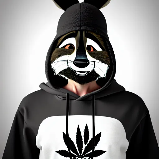 Image similar to a very relaxed stoner with a black hoodie on with a raccoon head from zootopia, wearing beanie, holding a small vape, blowing out smoke, 3 d render, extremely detailed fur, wearing a marijuana t - shirt