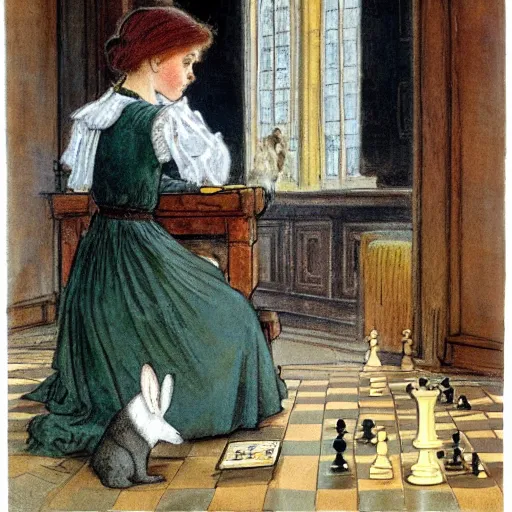 Image similar to a young edwardian woman playing chess with a rabbit inside a church, in the style of carl larsson