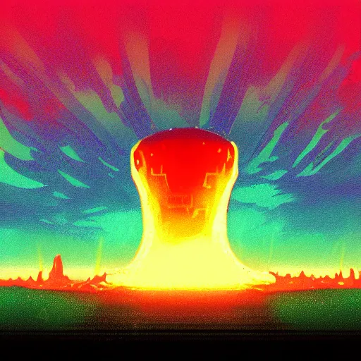 Image similar to nuclear explosion, epic retrowave art, trending on art station