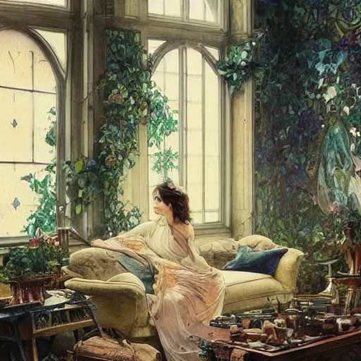 Image similar to a beautifull intricate watercolour painting of a living room with leaves, reflexions, verry high details by william turner art, greg rutkowski and alphonse mucha, trending on artstation, very very detailed, masterpiece, muted colors