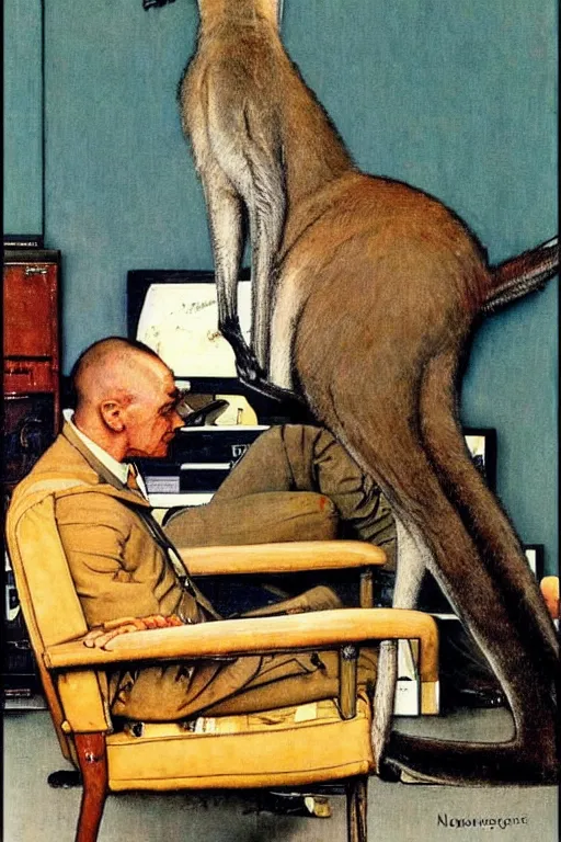 Prompt: a kangaroo security guard falling asleep in his chair, painting by Norman Rockwell