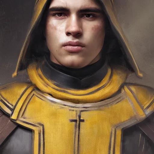 Prompt: Medium closeup young idealistic and pious male Imperial soldier wearing a black tabard with light yellow accents over a gambeson and a steel open helm, by Raymond Swanland Greg Rutkowski Lise Deharm, {perfect face}, {perfect eyes}
