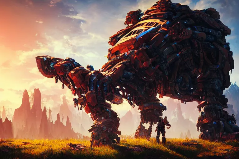 Prompt: tremortusk machine mecanical creature robot of horizon forbidden west horizon zero dawn radiating a glowing aura global illumination ray tracing hdr fanart arstation by ian pesty and alena aenami artworks in 4 k