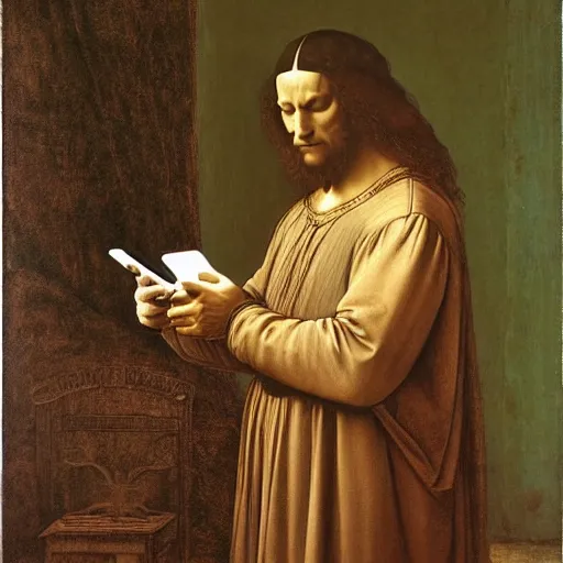 Image similar to Leonardo da Vinci scrolling on his smartphone