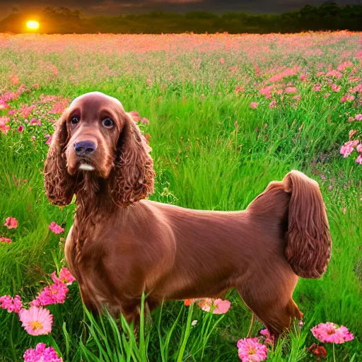 Prompt: Brown cocker spaniel in a field full of flowers, with sunset, well detailed, photo realistic