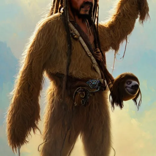 Image similar to Portrait of a Sloth dressed as Jack Sparrow, highly detailed oil painting, photorealistic, highly detailed, digital painting, artstation, concept art, smooth, sharp focus, illustration, art by artgerm and greg rutkowski and alphonse mucha