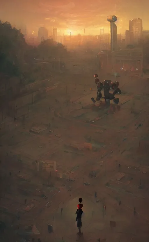 Image similar to digital painting of child playing with a huge humanoid robot in a park, sunset, a dark dystopian city behind a huge wall, stunning, cinematic lighting, concept art by greg rutkowski and simon stalenhag, artstation