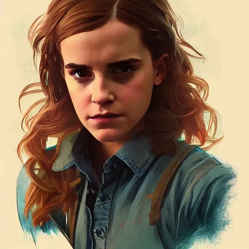 Prompt: Emma Watson in the show Stranger Things, digital painting, artstation, concept art, sharp focus, illustration, art by greg rutkowski and alphonse mucha, highly detailed