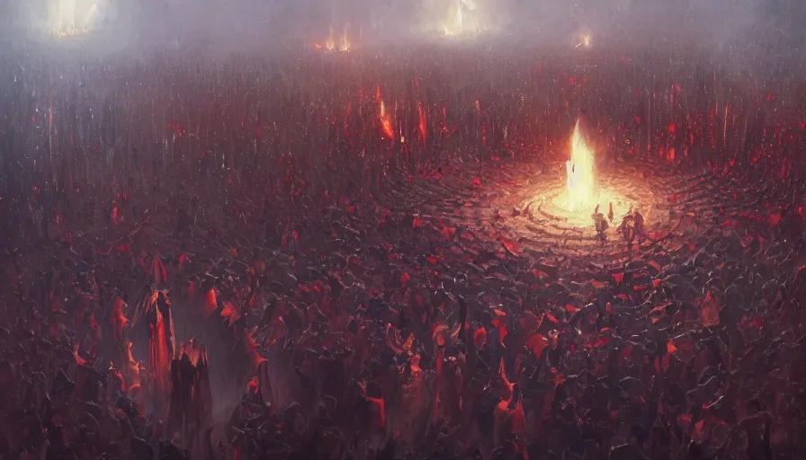 Prompt: A beautiful painting of a satanic ritual by a circle of evil priests by greg rutkowski and Kalin Popov, trending on artstation