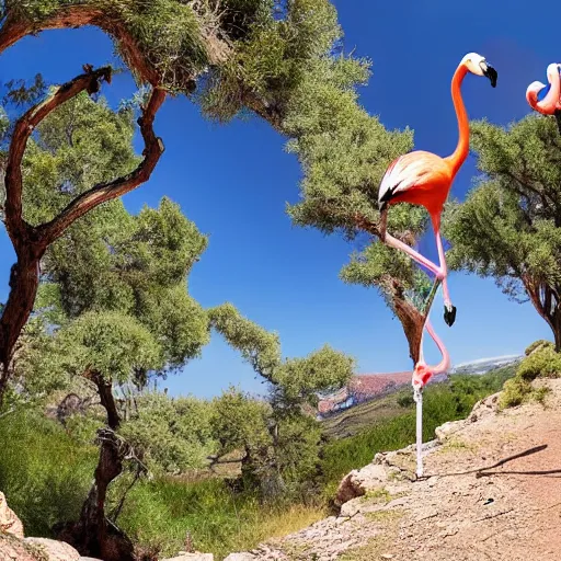 Prompt: through the juniper trees in a mountain a flamingo rides a mountain bike 4 k hyperdetailed