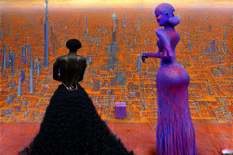 Prompt: realistic extremely detailed portrait painting of a beautiful black woman with in a dress a robot, city street on background by Jean Delville, Amano, Yves Tanguy, Ilya Repin, William Holman Hunt, Ernst Haeckel, Edward Robert Hughes, Roger Dean, rich moody colours