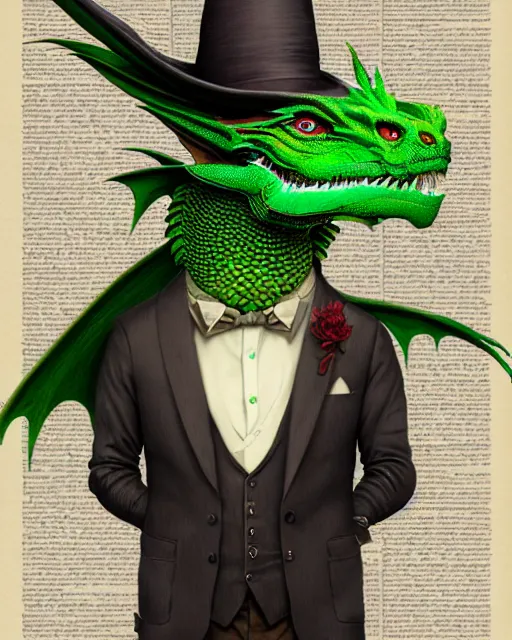 Image similar to anthropomorphic art of a businessman dragon, green dragon, portrait, victorian inspired clothing by artgerm, victo ngai, ryohei hase, artstation. fractal papers, newspaper. stock certificate, highly detailed digital painting, smooth, global illumination, fantasy art by greg rutkowsky, karl spitzweg, jc leyendecker