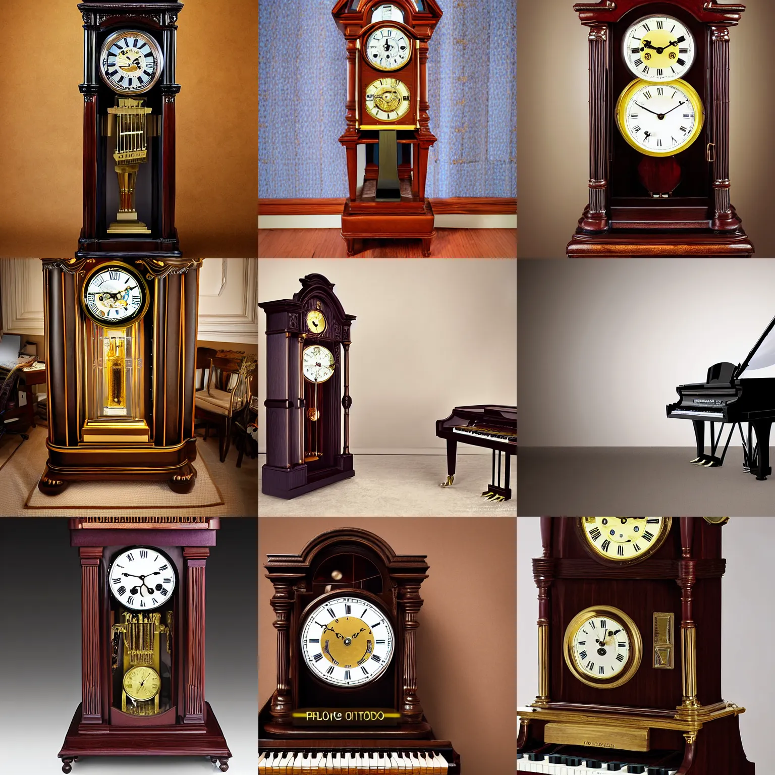 Prompt: piano depicted as a grandfather clock, photograph, product showcase, studio lighting