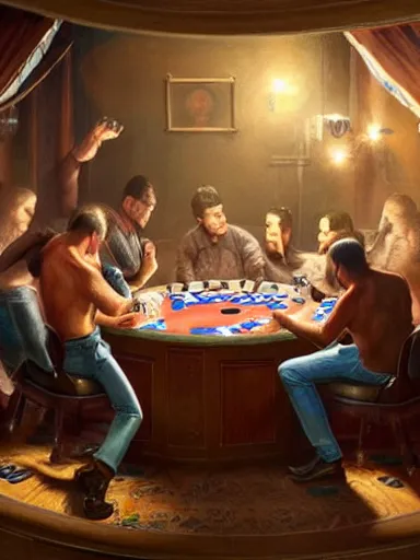 Image similar to half dozen guys arguing over a game of poker. caotic fight intricate, elegant, highly detailed, digital painting, artstation, concept art, sharp focus, illustration, by justin gerard and artgerm, 8 k