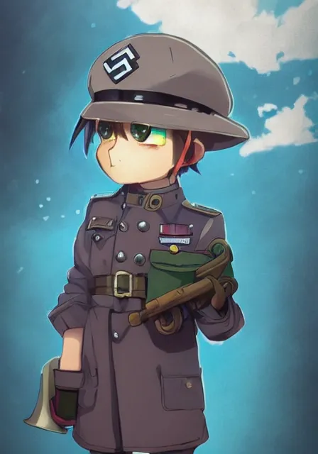 Prompt: beautiful little boy in nazi uniform posing while hold an canon. red, green, blue and gray pallet color. made in abyss art style, inspired by kris from deltarrune, cute detailed artwork, anatomically correct, soft details, ilya kuvshinov, reflection, perfect composition, mobile wallpaper, illumination, digital art, detailed anime soft face