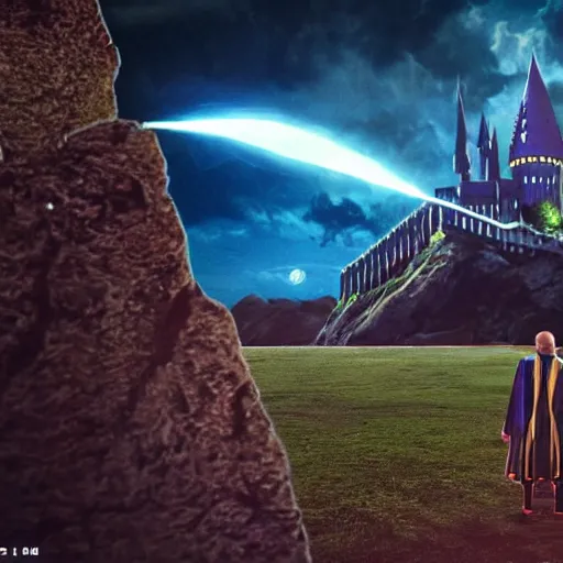 Image similar to Harry potter levitating, holding wand, colorful magic, back view, thunderclouds, cinematic shot, wide shot, epic scale, waving robe movement, photorealistic detail and quality, intricate ground stone, movie still, nighttime, crescent moon, sharp and clear, action shot, intense scene, visually coherent, symmetry, rule of thirds, movement, vivid colors, cool colors transitioning to warm colors, award winning, directed by Steven Spielberg, Christopher Nolan, Tooth Wu, Asher Duran, Greg Rutkowski