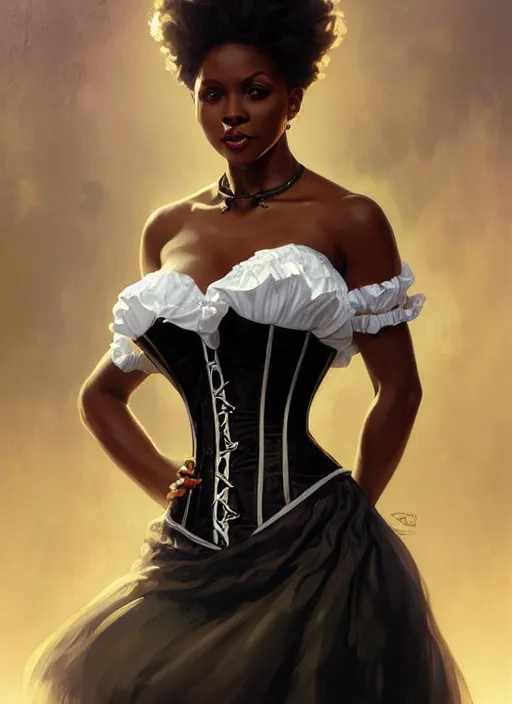 Image similar to cute black woman wearing a white corset dress, fantasy, intricate, highly detailed, digital painting, artstation, concept art, wallpaper, smooth, sharp focus, illustration, art by artgerm and greg rutkowski and alphonse mucha