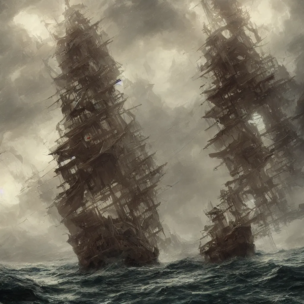 Image similar to A pirate ship in the middle of the sea during a storm, fantasy art, in the style of greg rutkowski, illustration, epic, fantasy, intricate, hyper detailed, artstation, concept art, smooth, sharp focus, ray tracing