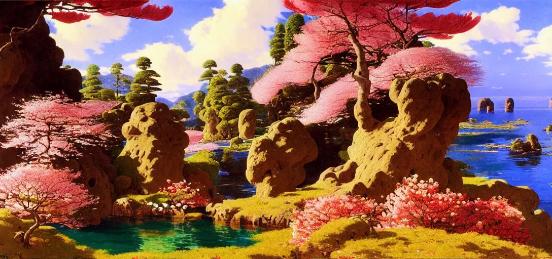 Image similar to ghibli illustrated background of a strikingly beautiful landform with strange rock formations and red water and cherry blossoms by vasily polenov, eugene von guerard, ivan shishkin, albert edelfelt, john singer sargent, albert bierstadt 4 k