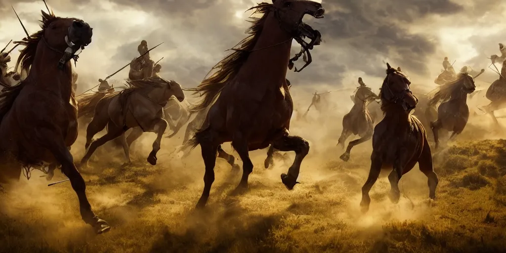 Image similar to promotional movie still of an action shot from the battle of little bighorn, majestic horses, desperate action, dramatic lighting, cinematic, extremely high detail, photorealistic, cinematic lighting, maxwell boas jessica rossier christian dimitrov anton fadeev trending on artstation cgsociety rendered in unreal engine 4 k hq