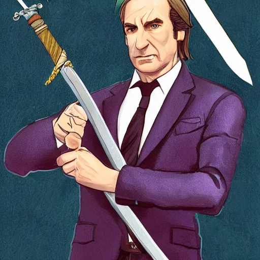 Prompt: full body portrait of saul goodman as the witcher holding a sword