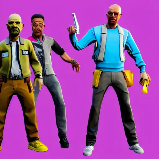 Image similar to walter white, jesse pinkman, and gus fring as fortnite skins, 3 d model, high resolution