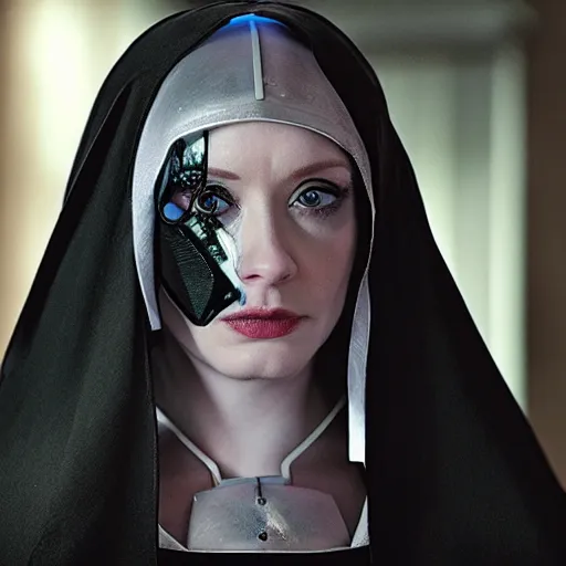 Prompt: photo of christina hendricks as a cyberpunk nun warrior with holy weapons