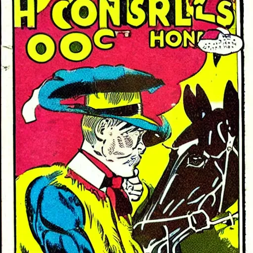 Prompt: a vintage comic book about horse people