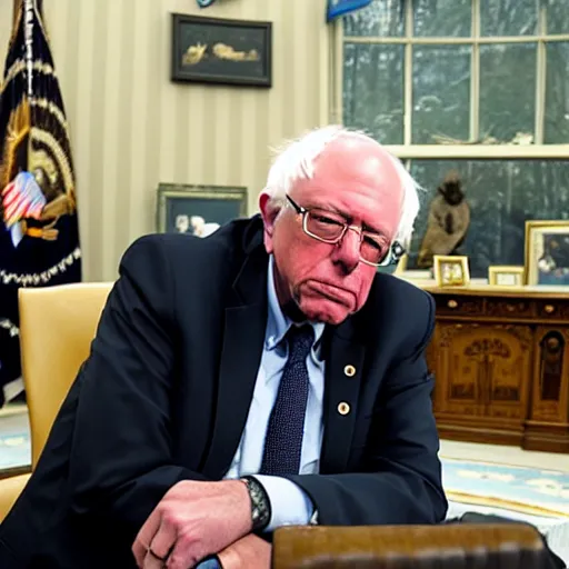 Image similar to bernie sanders sitting in the oval office, photo