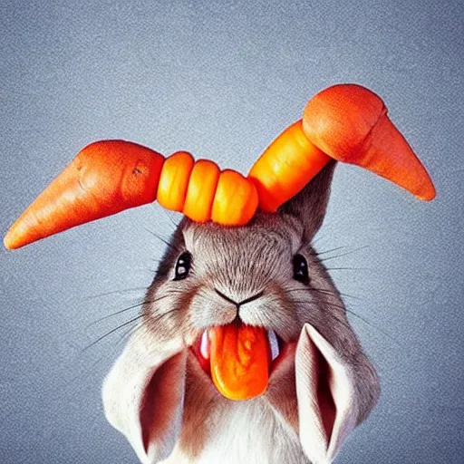 Image similar to a photo of an adorable rabbit screaming in rage at a carrot that looks mildly offended