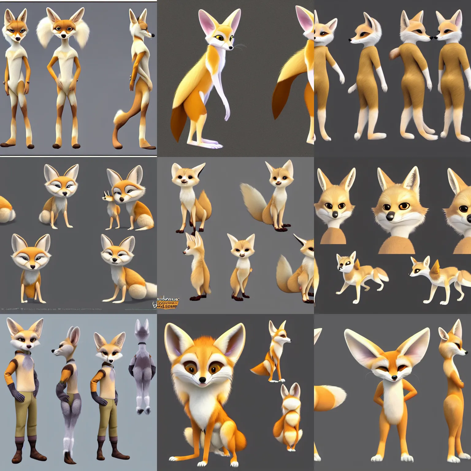 Prompt: reveal of a fennec fox character, dreamworks animation style, zootopia, character sheet with multiple angles, highly detailed render, fur