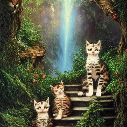 Image similar to two kittens in the enchanted forest stand on the steps and watch the waterfall, fantasy, intricate, extremely detailed, matte, featured in artstation, art by louis wain, greg rutkowski