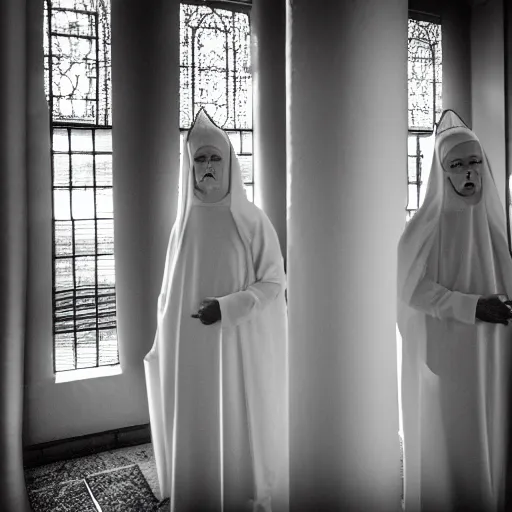 Image similar to nightmare vision, short depth of field. black and white, award winning photo of smiling levitating twin nuns, wearing translucent sheet, Mary in a sanctuary, mirror hallways, eerie, tall columns, frightening —width 1024 —height 1024